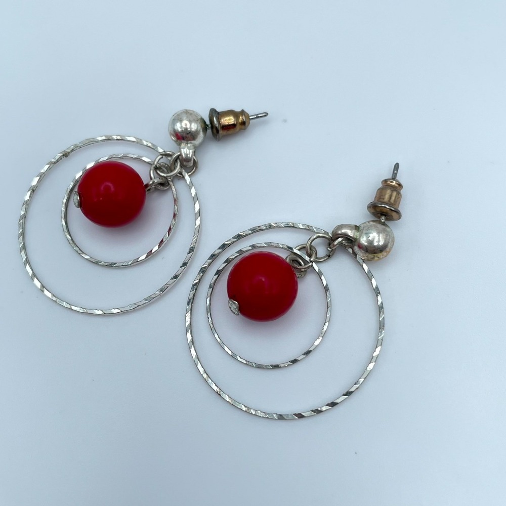Bohemian-Chic Silver-Tone Red Ball Bead Double Wire Circle Dangle Hoop Earrings